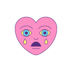 Y2k sad crying pink heart with tears comic cartoon character groovy style icon vector flat