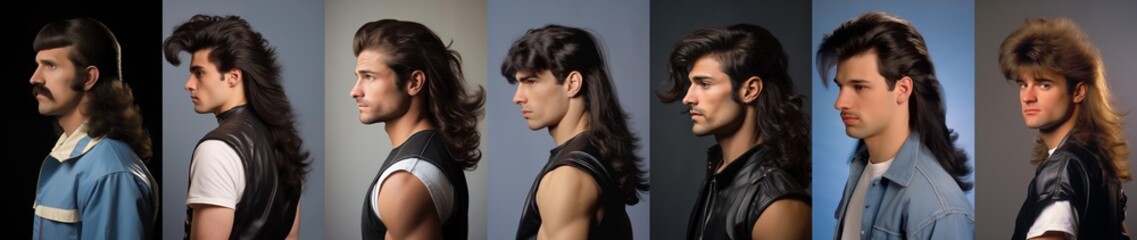 Set of 1980s fashion men - mullet hairstyle - pop culture - funny fashion - vintage - profile side view - individual isolated portraits - obrazy, fototapety, plakaty