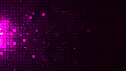 Pink mosaic background in technology concept. Abstract pink LED squares and particles. Technology digital square lilac color background. Pink pixel grid background. 3D rendering