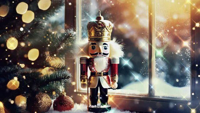 Christmas decoration festive nutcracker soldier , animation of falling snow