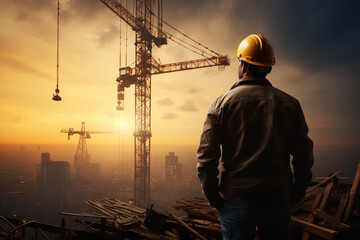 A construction worker in a hard hat observing a towering construction crane at the job site. Ai generated