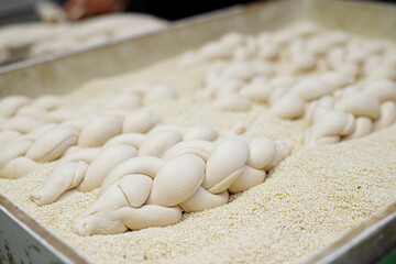 Fototapeta na wymiar Making braided bread in a bakery. Traditional Shabbat challah
