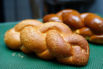 Traditional Shabbat bread Challah for Shabbat in a bakery