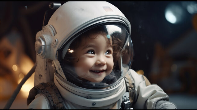 Portrait of a child in an astronaut spacesuit. Baby Astronaut. Happy child
