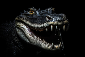 scary crocodile head shot with jaw and teeth on the dark black background