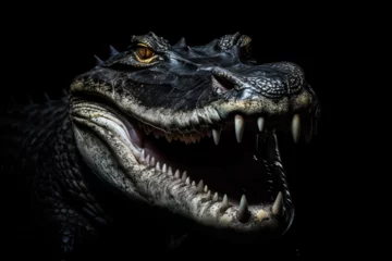 Poster scary crocodile head shot with jaw and teeth on the dark black background © mr_marcom