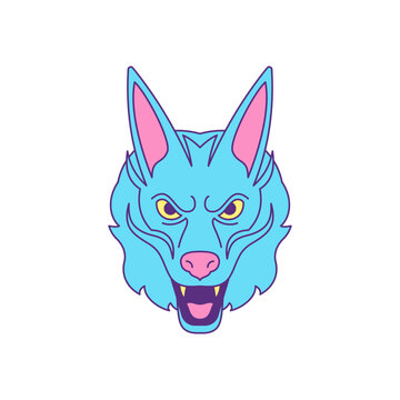 Y2k angry canine wolf surreal monster head cartoon character groovy style icon vector flat