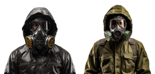 A man in a suit with a hood and a gas mask, cut out - stock png.