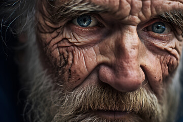 Macro photography of male wrinkled face of sad older man with grey hair and beard looking at camera