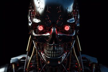 Explore the future with a portrait of a menacing metallic android robot with striking red eyes. A glimpse into the world of advanced robotics and artificial intelligence. Ai generated
