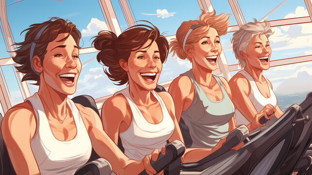 Woman doing exercises training at gym. Sporty people working out. Sport, workout, run and fitness. Cartoon illustration