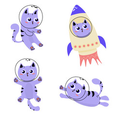 Set of cute cat astronaut character clipart elements
