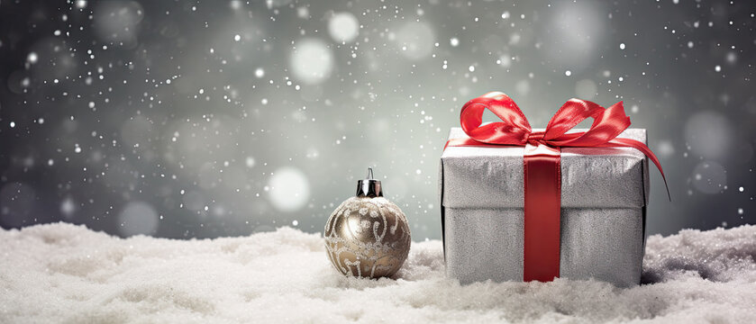 paquete regalo envuelto en papel color plata junto a bola de navidad, sobre superficie nevada y fondo gris con copos de nieve desenfocado