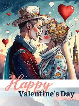 postcard with a couple. Valentine's Day, just for you. Greeting card. the love story, and romantic illustrations ai generated   