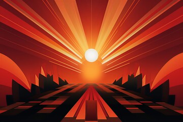 Vibrant Sunrise: An evocative art deco graphic featuring a vibrant rising sun, symbolizing optimism and the potential for growth in the finance industry