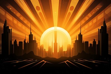 Vibrant Sunrise: An evocative art deco graphic featuring a vibrant rising sun, symbolizing optimism and the potential for growth in the finance industry