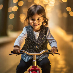 Mała dziewczynka jadąca na rowerze. Portret - obrazy, fototapety, plakaty
