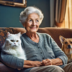 Seniorka siedząca z kotem i psem na kanapie. Dobroczynny wpływ kontaktu ze zwierzętami na samotnych seniorów