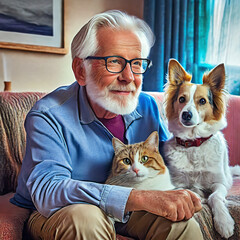 Starszy mężczyzna siedzi na kanapie z kotem i psem  - obrazy, fototapety, plakaty