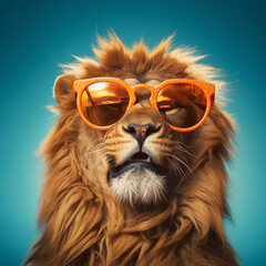 portrait of a lion on a beach wearing sunglasses. Generative AI.