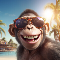 portrait of a monkey on a beach wearing sunglasses. Generative AI.