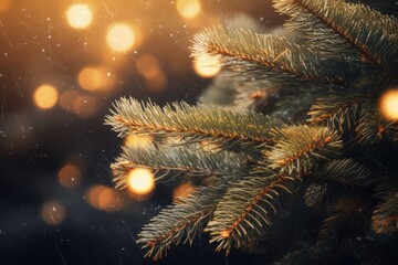 Close-up of pine branches against a beautiful bokeh background with yellow lights. Pine New Year background. Christmas lights on pine branches.