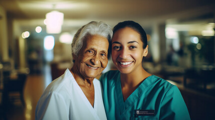 Obraz premium Senior care, nurse helping senior patient for medical help, healthcare or physiotherapy, volunteer caregiver nursing home for disability rehabilitation
