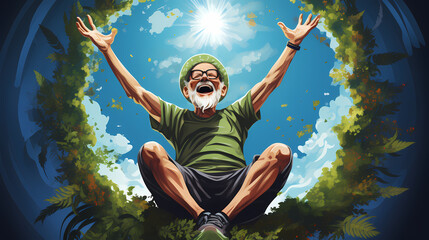 Laughing old man smiling and rejoicing outdoors - obrazy, fototapety, plakaty