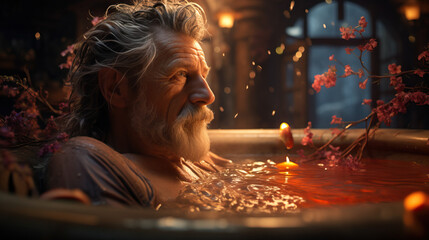 Bathtub Serenity: Senior Old Man with White Beard Taking a Hot Bath, Close-Up Relaxation, Concept of Tranquil Moments and Self-Care in the Soothing Warmth