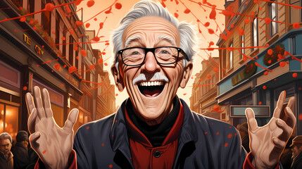 Laughing old man smiling and rejoicing outdoors - obrazy, fototapety, plakaty