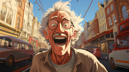 Laughing old man smiling and rejoicing outdoors