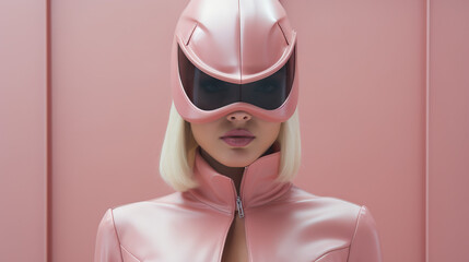Futuristic Femme: Woman Wearing Pink Latex Suit and Motorcycle Helmet, Concept of Edgy Style and Bold Fashion Choices, A Portrait of Unconventional Confidence and Fearless Individuality.