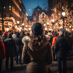 woman walks through city square during holidays