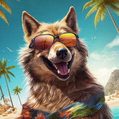 portrait of a wolf on a beach wearing sunglasses. Generative AI.