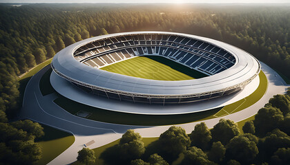 A futuristic stadium sits amid trees with a pristine field; its unique design is impressively situated for enjoying sporting events - obrazy, fototapety, plakaty