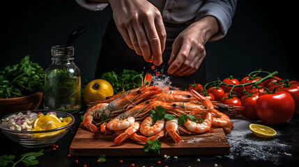 Seafood Professional cook prepares shrimps