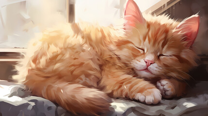 Cartoon kid cat sleep at night, wake up at morning.