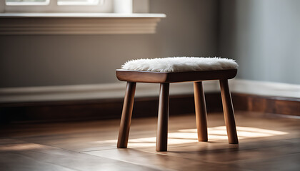 A simple wooden stool features a plush white cushion, providing comfortable seating on a wooden floor in a minimalist style