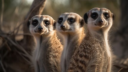 Group of meerkats standing in a row and looking at the camera. Wilderness Concept. Wildlife Concept. - obrazy, fototapety, plakaty