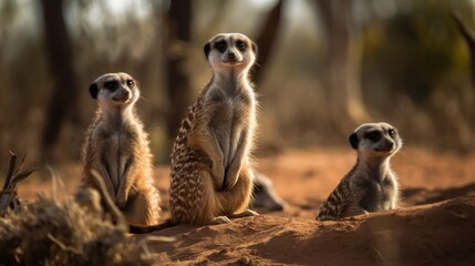 Group of meerkats standing in the sand looking at the camera. Wilderness Concept. Wildlife Concept. - obrazy, fototapety, plakaty
