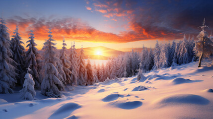 Fototapeta na wymiar Snowy forest in beautiful winter at golden sunset