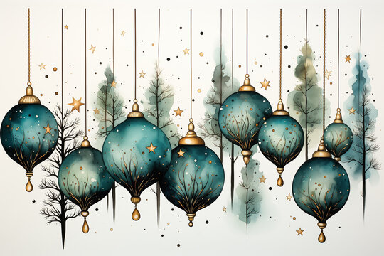 Watercolor christmas card of Christmas string lights. Rustic colors and hand drawn style. Holdiay winter motif with ornaments and a cosy feel.