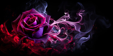 A pink rose with smoke coming out of it's petals on a black background, Fantasy roses in purple flame, A blooming rose made of multicolored smoke on a black background, generative AI


