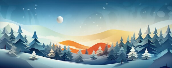 Winter snowy landscape illustration, christmas greeting card panorama. Generative Ai