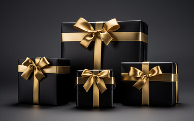 Definir caixa de presente preta com la&ccedil;o dourado isolado 