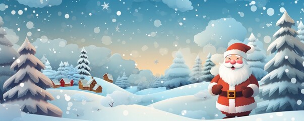 Santa Claus in snowy nature, christmas greeting card panorama. Generative Ai