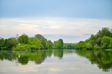 Fototapeta na wymiar Fluss Main und Mainburghausersee mit Spiegelung im Wasser und grünen Bäumen im Sommer, Haßfurt, Franken, Bayern, Deutschland 