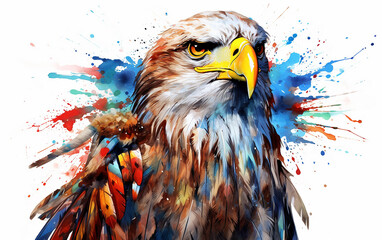 águia americana usando cocar nativo americano, penas, marcas tribais nativas americanas - obrazy, fototapety, plakaty