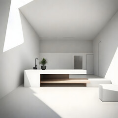 Interior de casa minimalista con un grifo y una pequeña planta y muebles minimalistas con luz solar