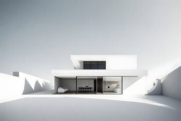 Casa minimalista de color blanco sobre fondo blanco futurista diseño de arquitectura con cristalera simple. - obrazy, fototapety, plakaty